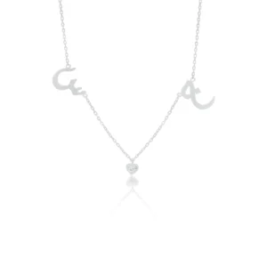 Double Arabic Initial Necklace Diamond Heart Drop Silver Dubai