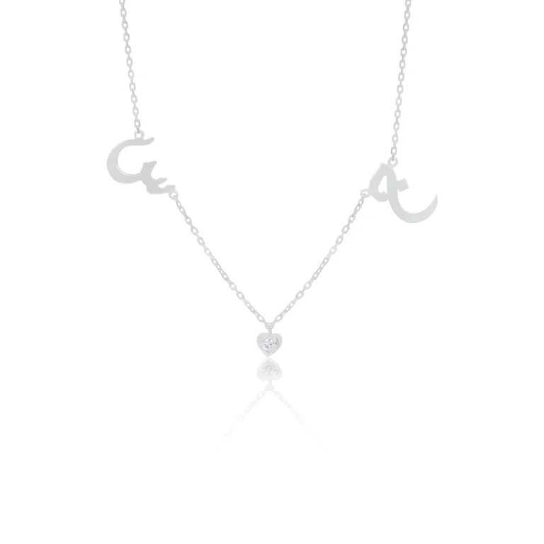 Double Arabic Initial Necklace Diamond Heart Drop Silver Dubai