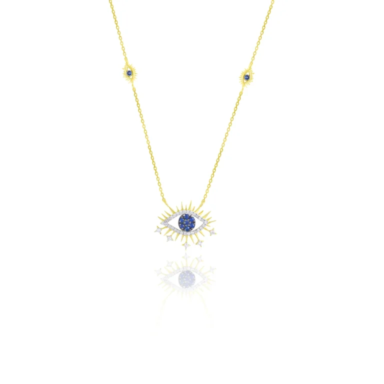 Evil Eye Diamond Sapphire Necklace 18K Yellow Gold Dubai