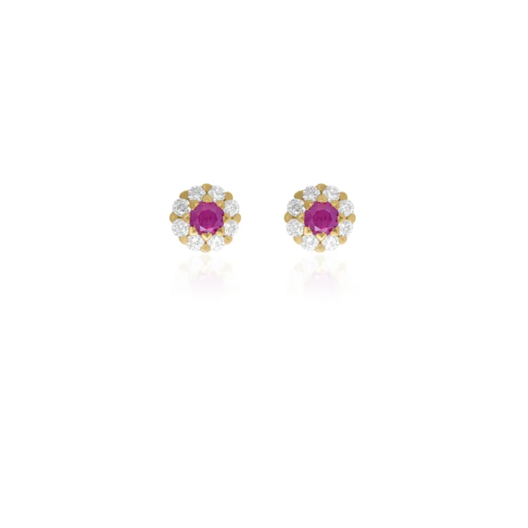 Ruby Diamond Halo Flatback Earring 18K Yellow Gold Dubai